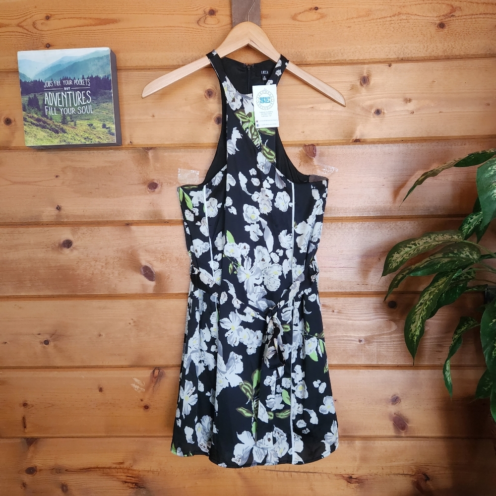 Lucca 💜 NWT Black Twist Neck Floral Shift Dress Racerback Belted Pocket Lined M